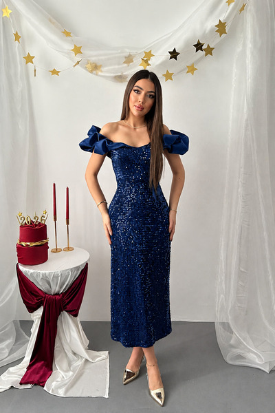 Elbee Fashion Woman Αμάνικο φόρεμα με παγιέτες σε μπλε ναυτικό
