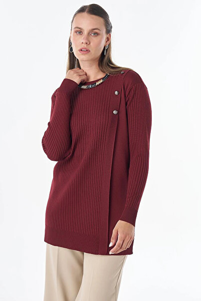 Kayra Buttoned Knitwear Tunic Claret Red