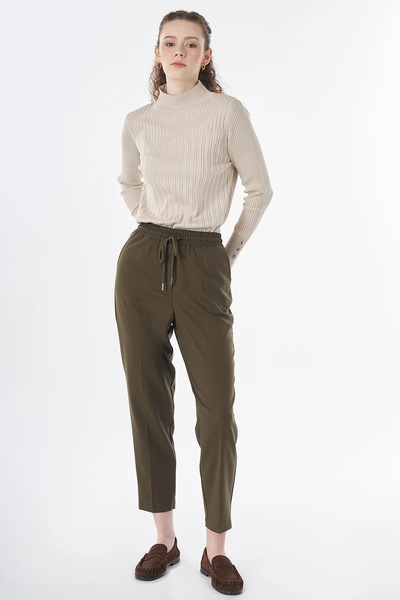 Kayra Elastic Waist Tied Trousers Khaki