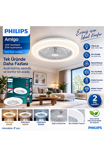 Philips Amigo Fanlı Tavan Lambası (42W Vantilatör + 20 W Aydınlatma Gücü) Sim...