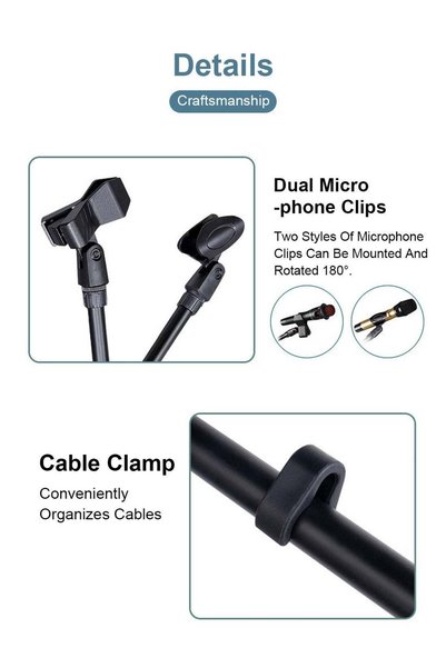 COOLHAWK Double Clips Microphone Tripod Floor Stand for Performances, Karaoke, Dancing, and Mobile Live Streaming, 103B Black