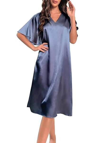 Generic Women's Satin Nightgown V Neck Ruffle Short Sleeve Silk Long Nightdre...