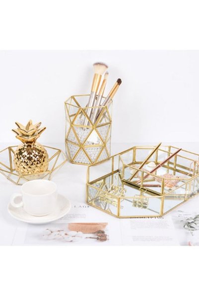 Generic Nordic Polygon Glass Makeup Organizer Tray Gold/Clear