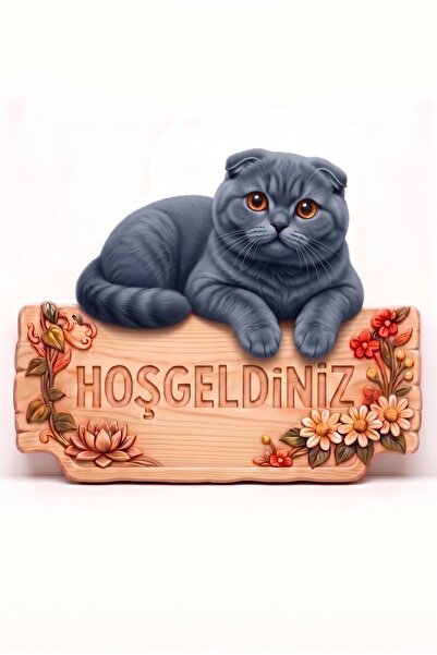 MARNELLO CONSEPT Scottish Fold Blue Shorthair "Hoş Geldiniz" Ahşap MDF Kapı S...