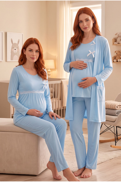 JENİKA Mavi Dantel Detaylı Uzun Kollu 3'lü Hamile Lohusa Pijama Takımı Sabahl...