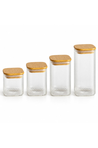 Queen’s Kitchen 4 Boy Kare Bambu Kapaklı Cam Baharatlık Kavanoz Set 250ml, 350ml, 425ml ve 500ml