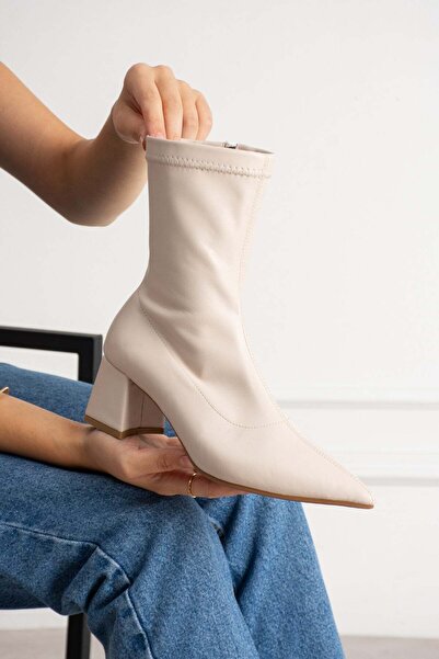dabab shoes BEGA Kadın Bej Streç Cilt Sivri Burun Fermuarlı 6 Cm Kalın Topukl...
