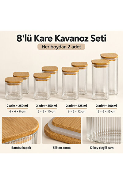 Queen’s Kitchen 8 Adet 4 Boy Kare Bambu Kapaklı Cam Baharatlık Kavanoz Set 2x (250ml, 350ml, 425ml ve 500ml)