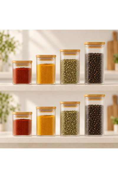 Queen’s Kitchen 8 Pieces 4 Sizes Square Bamboo Lid Glass Spice Jar Set 2X (25...