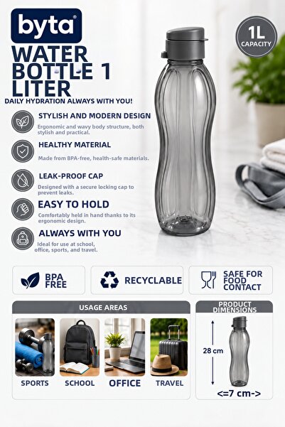 BYTA 1 Liter Leak-Proof Water Bottle Flask Bpa-Free Ergonomic Design Sports S...