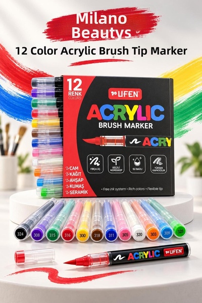 MİLANO BEAUTYS Brush Acrylic Marker Ufen Brush Tip Acrylic Pen Marker - 12 Pack