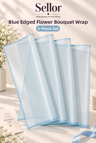 Sellor Blue Edged Flower Bouquet Packaging 57X57 cm Set of 4 Transparent Flow...