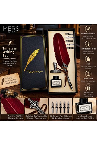 Mersi SHOP Feathered Dip Pen Set with 5 Different Nibs and Ink, Special Box w...