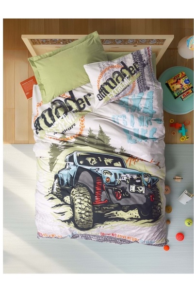 Cotton Box Rf Junior -Adventure Green- Single Duvet Cover Set with Elastic Sh...