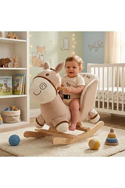 Tommybaby Educational Plush Rocking Horse with Wooden Legs Rocking Donkey