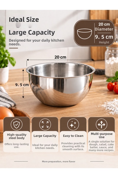 EUROLUXE 20cm Steel Mixing Bowl Dough Kneading Salad Preparation Multi-Purpose Kitchen Container
