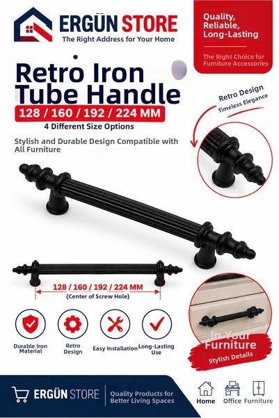 Ergün Store Retro, Pipe Iron Cabinet Drawer Handle Black 128-160-192-224 mm 1 Piece Screw Included