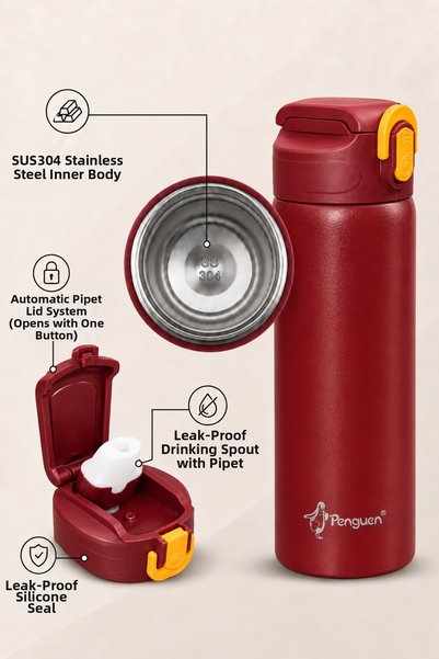 Penguen 600 ml Steel Water Bottle Sports Water Bottle Children's Steel Water Bottle with Straw Leak-Proof Sus304 Bpa Free