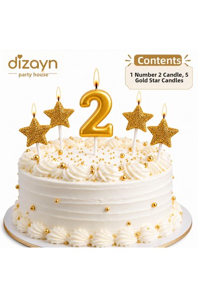 Dizayn Parti Evi Gold Number Candle and 5 Star Candle Set for 1-9 Years Old Birthday Cake Decoration 6 Pieces