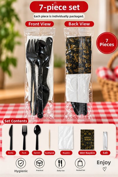 VENON 12 Pieces | |   7-Piece Black Dinner Set | |   Use It | |   Knife Fork Spoon Napkin Salt Toothpick Wet Wipes | |   All Needs in One Package Multiple Food Distribution School Nursery Mevlüt Meeting Community 7Th Food Set 12