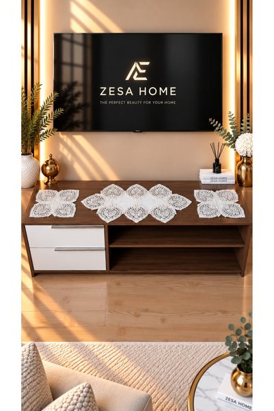 ZESA HOME دانتيل فرنسي فاخر، كتان جاردينيا، غطاء وحدة تلفزيون من 3 قطع، طقم غرفة المعيشة
