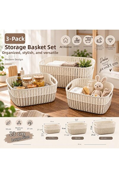 SELKA HOME 3-Piece Knitted Patterned Storage Basket – Small, Medium, Large Si...