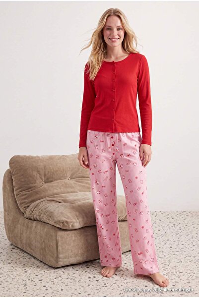 Trendyol Collection Red-Pink Corduroy Leisure Patterned Cardigan Knitted Paja...