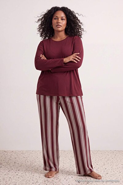 Trendyol Curve Burgundy Striped Crew Neck Knitted Large Size Pajama Set Tbbaw...