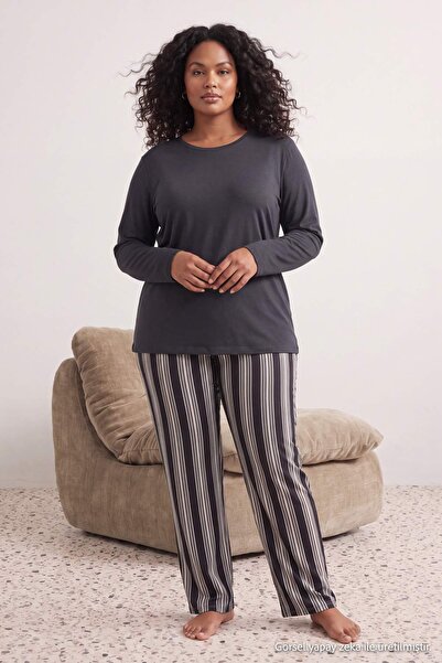 Trendyol Curve Anthracite Striped Crew Neck Knitted Large Size Pajama Set Tbb...