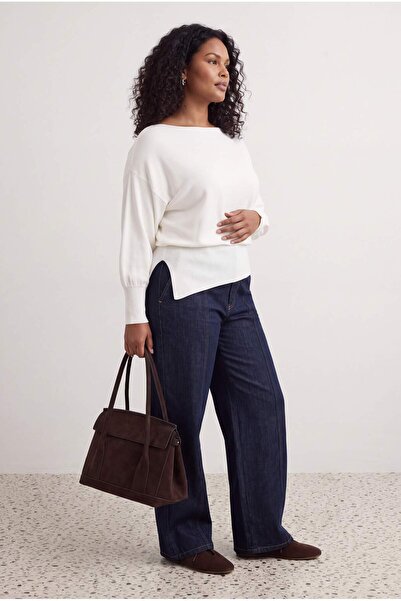 Trendyol Curve Ecru Mercerized Look Boat Neck Slit Detailed Thin Knitwear Swe...