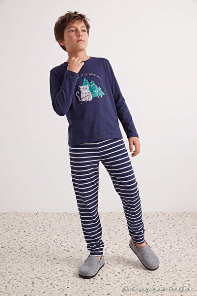 TRENDYOLKIDS Lacivert Yumuşak Dokulu Baskılı Regular Örme Unisex Çocuk Pijama...