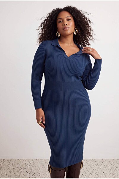Trendyol Curve Petrol Triko Bodycone Polo Collar Plain Large Size Dress Tbbaw...