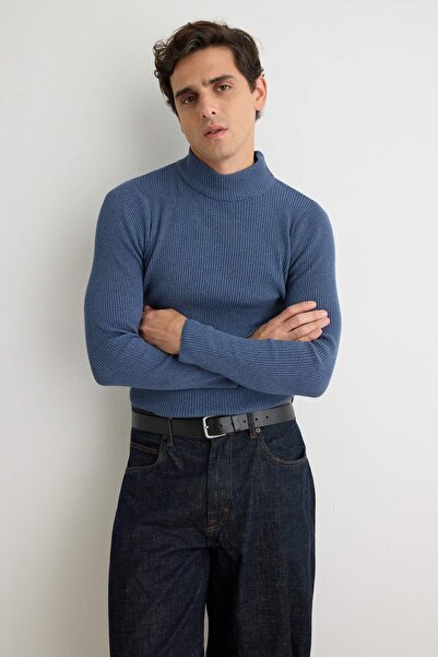 Trendyol Collection Indigo Fitted Slim Fit Cotton Half Turtleneck Ribbed Knit...