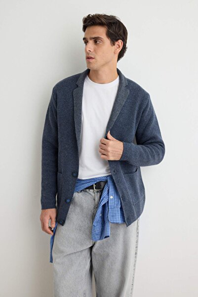 TRENDYOL MAN Indigo Regular Fit Yünlü Yaka Triko Hırka TMNAW22HI0140