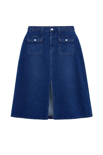 Trendyol Curve Blue High Waist Slit A-Line Denim Plus Size Skirt Tbbaw27Az00035