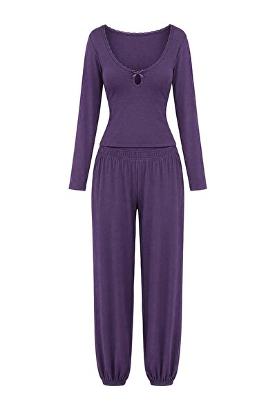 Trendyol Collection Purple Lace Detailed Viscose Ribbed Knitted Pajamas Set T...