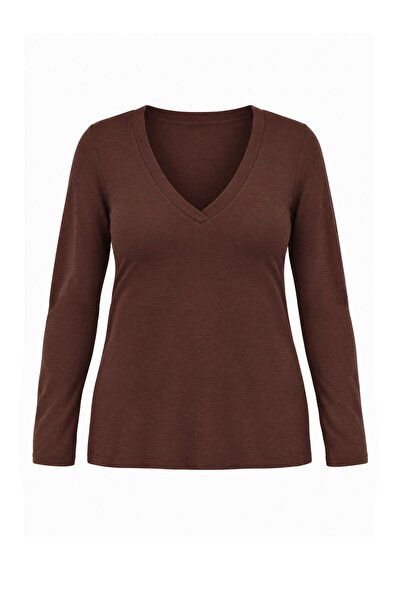 Trendyol Curve Brown Soft Fabric V-Neck Fitted/Flex Knit Plus Size Blouse Tbb...
