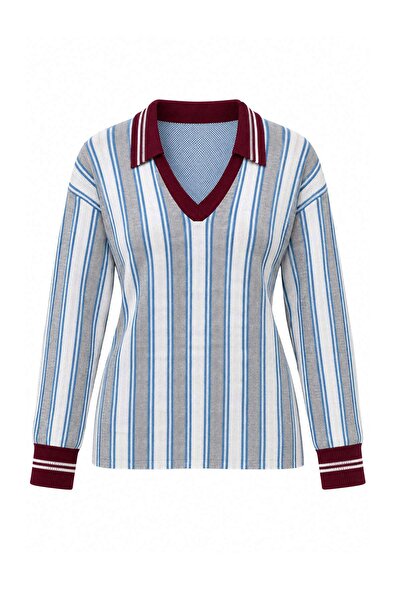 Trendyol Collection Burgundy Polo Collar Striped Color Block Oversize Knitwea...