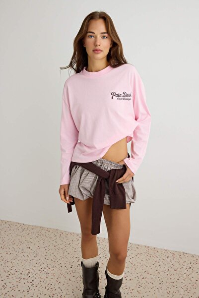 TRENDYOLMİLLA Pembe %100 Pamuk Slogan Baskılı Oversize/Geniş Kesim Örme T-Shi...