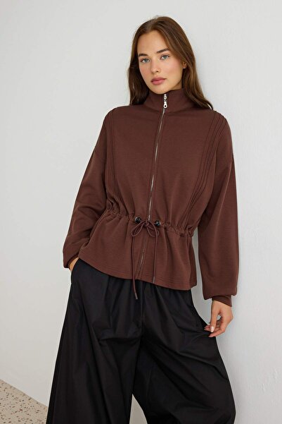 Trendyol Collection Brown Soft Touch Zippered Knitted Cardigan/Sweatshirt wit...