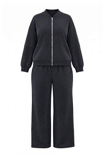 Trendyol Curve Gray Oversize/Wide Fit Zippered Thick Fleece Lined Knitted Tra...