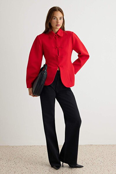 Trendyol Collection Red Ornamental Buttoned Fitted/Woven Blazer Jacket Twoaw2...