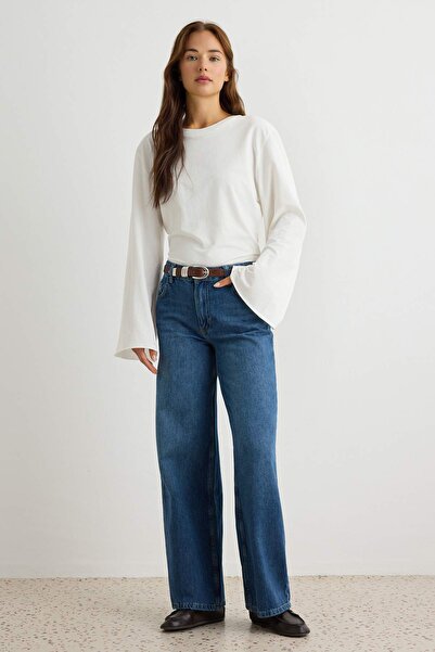 TRENDYOLMİLLA Premium Koyu Mavi DÖKÜMLÜ Normal Bel Wide Leg Geniş Paça Jeans ...