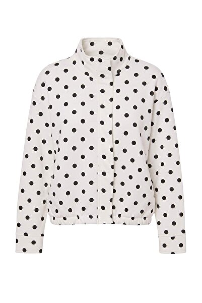 Trendyol Collection Ecru Polka Dot Thick Fleece Lined Oversize Stand Collar Z...
