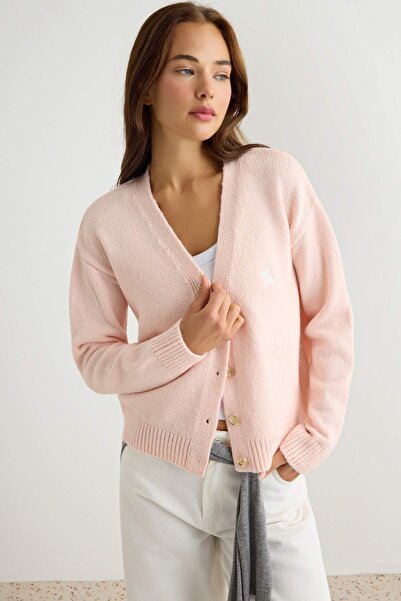 Trendyol Collection Pink Soft Textured V-Neck Horse Embroidered Knitwear Card...