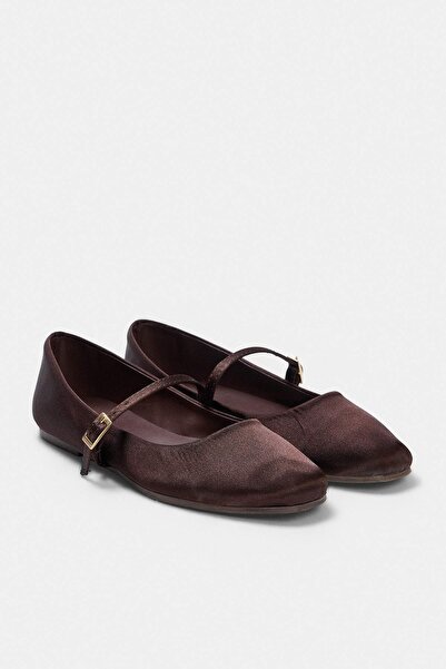 TRENDYOL SHOES Brown Satin Mary Jane Strappy Round Toe Women's Ballerinas Tak...