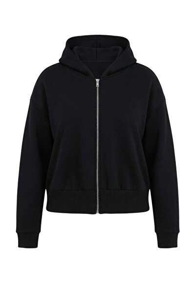 Trendyol Curve Black Regular Fit Hooded Thick Knitted Sweatshirt with Fleece ...