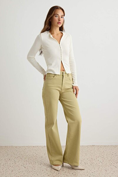 Trendyol Collection Premium Tan High Waist Less Stretch Wide Leg Jeans Twoss2...