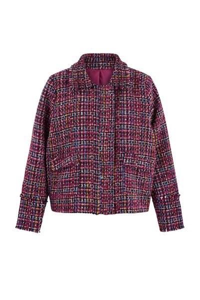 Trendyol Curve Multi Color Tweed Plaid Plus Size Jacket Tbbaw27Ag00041