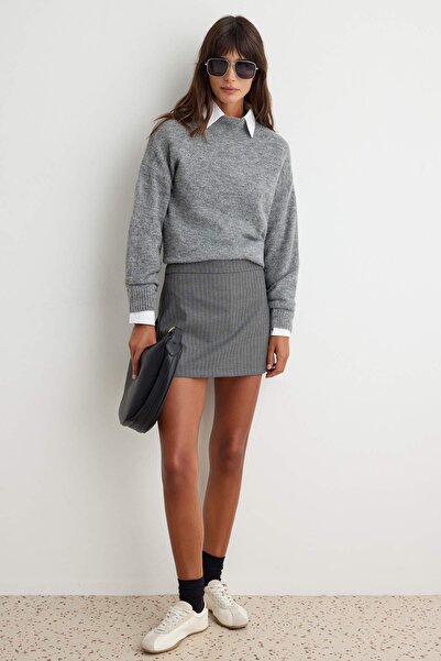 Trendyol Collection Anthracite Striped Short Skirt Twoaw27Sr00024